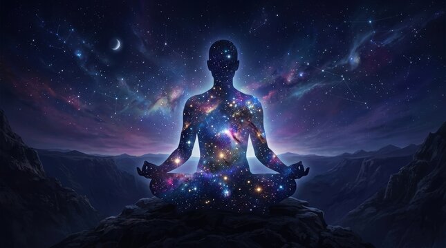 Silhouette of a Meditating Human with Cosmic Background in High Fidelity, Emphasizing Inner Peace and Connection to the Universe