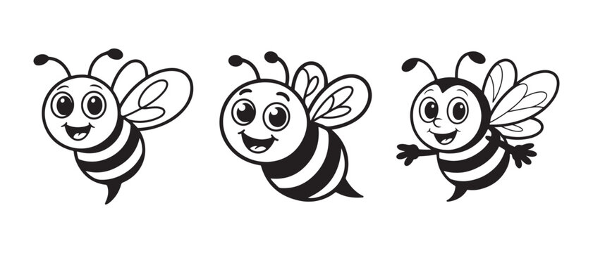 Cute Cartoon Honey Bees Flying with Happy Expressions, Black and White Illustration Set on White Background.
