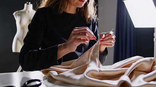 Seamstress hand stitching couture garment, studio scene with focused woman sewing delicate fabric by hand at cluttered worktable, mannequin and studio light in background, scissors, thread spools