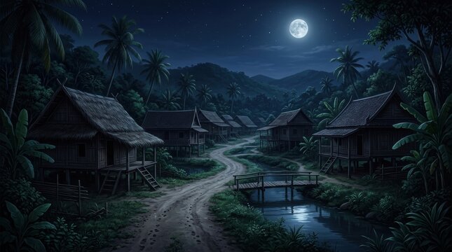 Serene Night in a Traditional Thai Village Under a Full Moon with Lush Flora and Calm Water Reflection