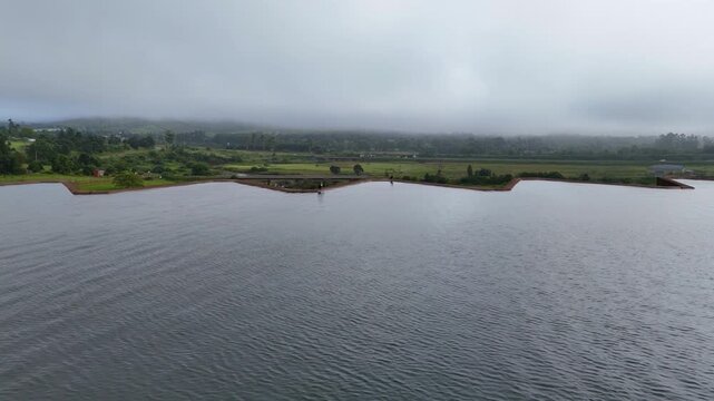 Zigzag shape of sluice gates managing capacity of Midmar Dam in Howick, aerial
