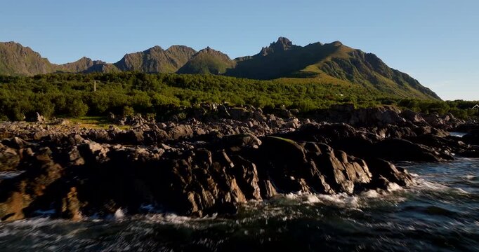The Rocky Shores Near Uv&aelig;rshula (storm shelter) In The Stokmarknes Area Of Vester&aring;len, Northern Norway. Aerial Drone Shot