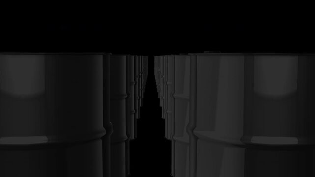 Rising shot revealing black crude oil barrel drums. Ideal for videos about fossil fuels, news graphics regarding global oil prices, and stock market analysis of the energy sector. 3D Animation.