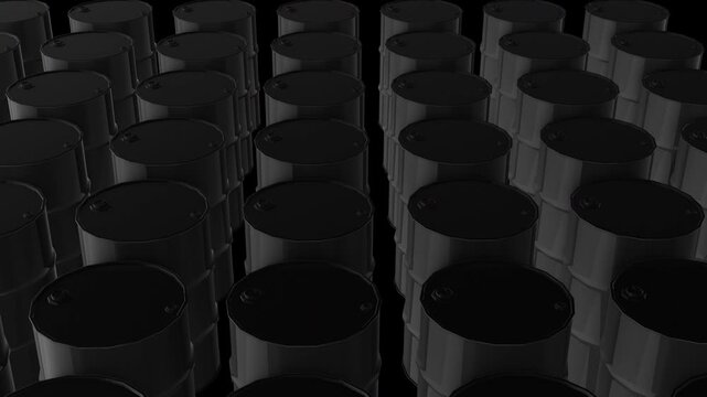 Slow tracking across black crude oil barrel drums. Ideal for videos about fossil fuels, news graphics regarding global oil prices, and stock market analysis of the energy sector. 3D Animation.
