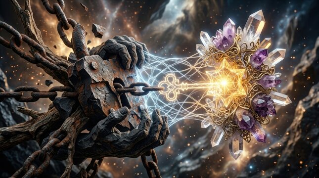 Abstract Concept of a Person Struggling with Heavy Chains and Energy Orb in a High-Fidelity Imagery Setting