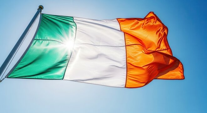 Ireland Flag Waving Against Sunny Blue Sky