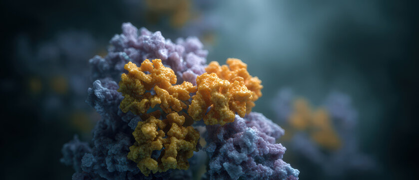 Microscopic view of complex molecular structure showing intricate detail and dramatic lighting giving sense of scientific discovery with colorful protein formations blue and yellow hues against