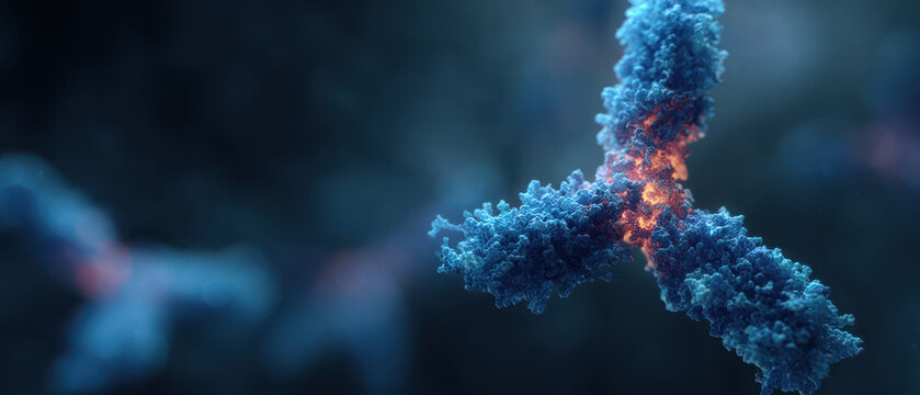 Dramatic glowing blue antibody protein molecule in microscopic biology science medical view showing complex immune system health defense with fascinating scientific structure detail