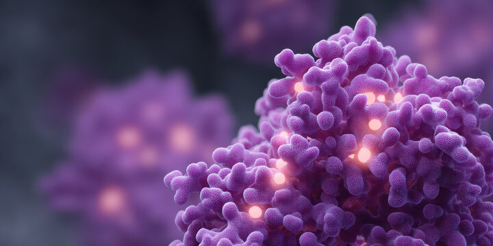 Fascinating microscopic view of purple virus with glowing nodes highlighting mysterious pathogen structure used for medical science and biology research revealing ominous cellular details