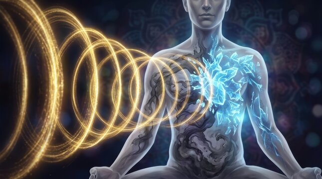 High Fidelity Soundwaves Depicting Energy Flow in Meditative State with Vibrant Light Effects and Crystal Visuals