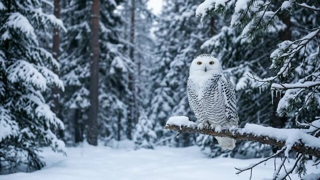 White snowy owl with yellow eyes sitting on a frozen tree branch in a dense pine forest during winter season