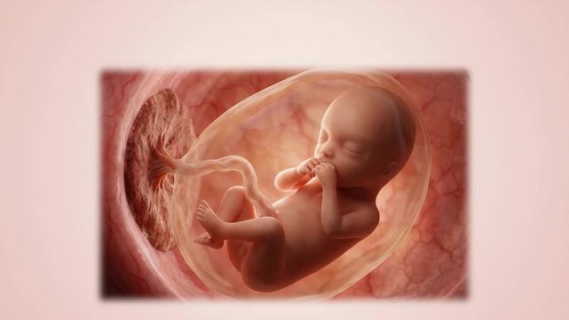 Medical illustration of a human fetus inside the womb with umbilical cord and placenta during pregnancy development