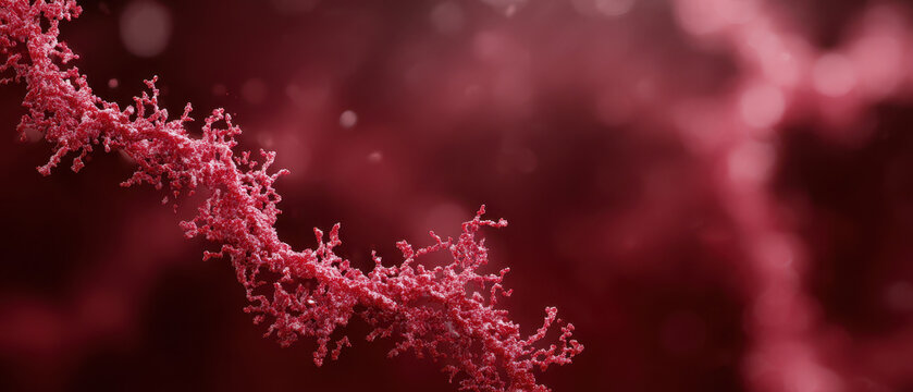 Abstract fascinating microscopic red biological structure floating in dark background macro view showing organic texture and deep depth of field creating mysterious scientific visual illustration