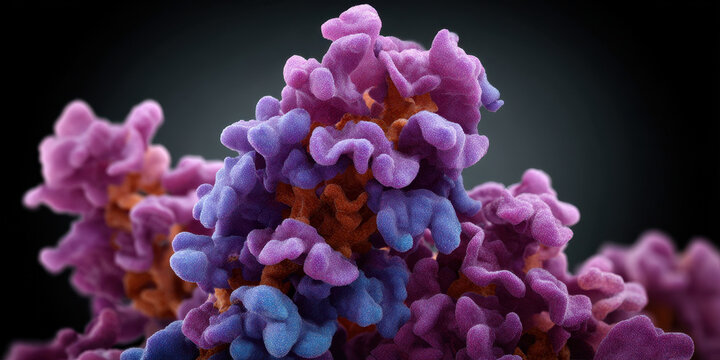 Fascinating microscopic biology molecule science illustration featuring complex purple structure. Abstract organic protein cell floating in dark dramatic background showing intricate detail