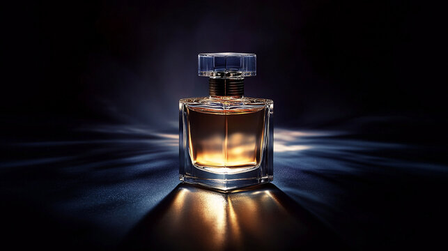 Luxury perfume-style cosmetic bottle on black glossy surface with dramatic lighting, premium branding concept