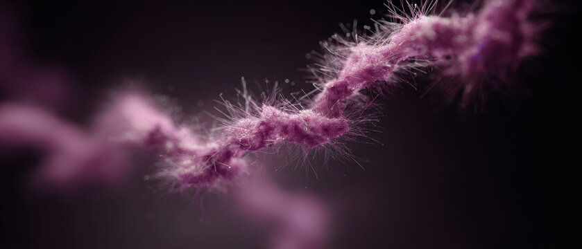 Microscopic purple pathogen fiber presents an abstract dark visual of biology and modern science, revealing an ominous texture of dangerous unknown biological threat