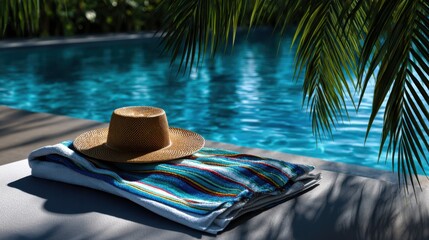 Obraz premium Poolside scene with straw hat and colorful towel on a lounger, palm reflections in sparkling water, evoking vacation luxury and relaxation.