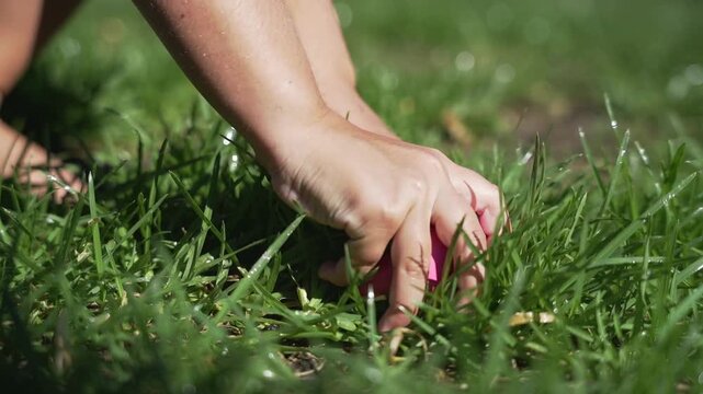 Little hands embark on an exciting Easter morning hunt, gently unearthing a bright pink treasure from the sparkling green lawn
