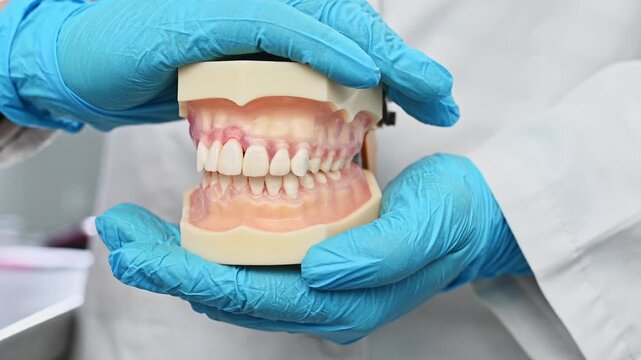 dentist wearing sterile gloves holds anatomical model of human jaw. close-up no face, making it unrecognizable. Gum inflammation, periodontal disease, stomatitis, gingivitis.