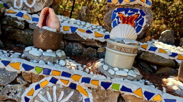 A Greek mosaic with brightly colored stones on an exterior wall with pots of shells on it.