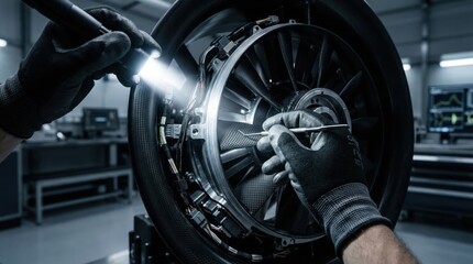 Fototapeta premium Precision Engineering: Technician Inspecting Advanced Unmanned Aerial System Components