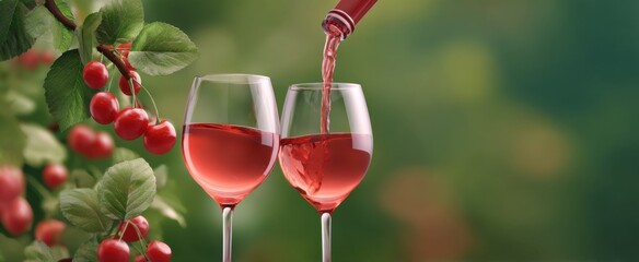 Naklejka premium Enjoying rose wine poured into glasses next to juicy cherries in a lively outdoor tasting