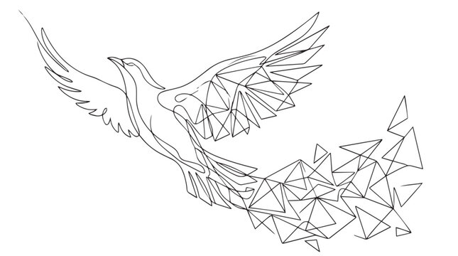 Continuous Line Art Drawing of a Flying Dove with Abstract Geometric Triangle Shapes Breaking Away, Symbolizing Freedom, Peace, and Transformation Vector Illustration