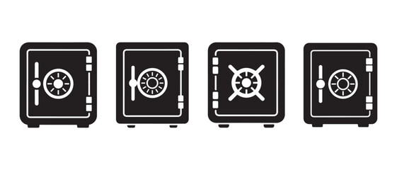 Modern Black Safe Icons with Combination Locks and Handles on White, Symbolizing Security and Financial Protection. © NadimStoker