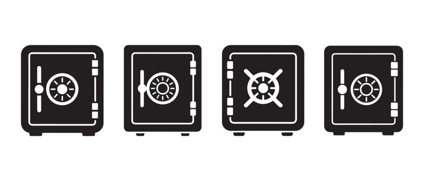 Modern Black Safe Icons with Combination Locks and Handles on White, Symbolizing Security and Financial Protection.