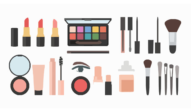 Decorative cosmetics vector set with lipstick mascara brushes eyeshadow palette and makeup tools isolated on white
