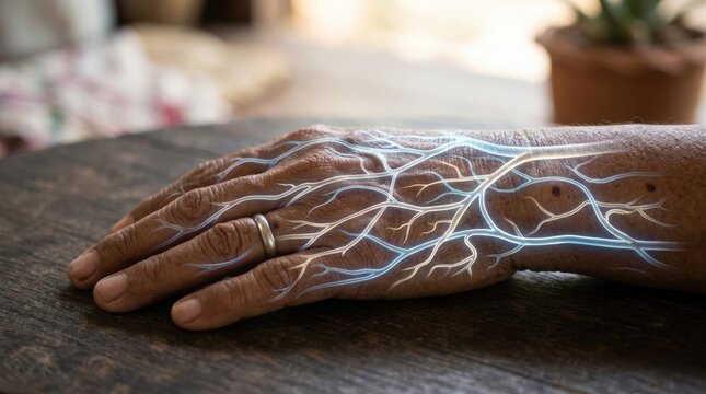 Authentic Thai Hand with Deeply Tanned Skin Resting on Rustic Table Featuring High Fidelity Detail of Veins