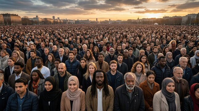 Massive Crowd of Diverse People During Sunset in Urban Environment Captured in High Fidelity