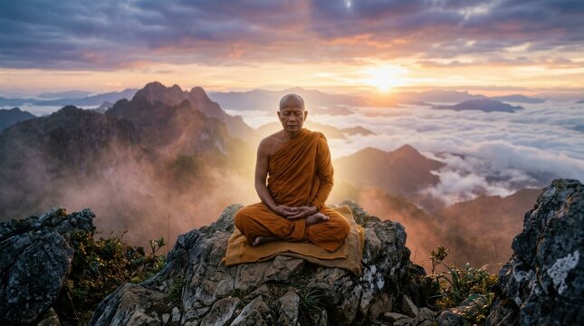 Serene Buddhist Monk Meditating at Sunrise on Mountain Peak in Thai Landscape with Clouds and Mist