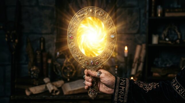 Highly Detailed Ancient Ornate Hand Mirror with Magical Swirling Light Effect in a Mystical Setting
