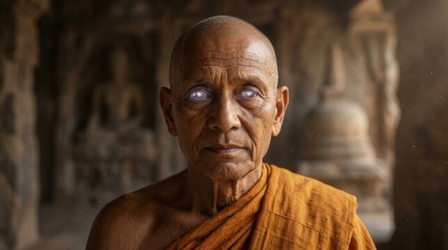Ancient Indian Monk in Buddha Era with High Fidelity Detail Captured in Serene Temple Setting