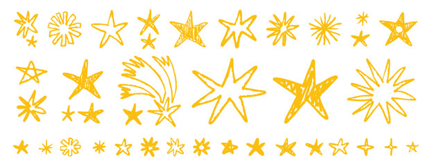 Set doodle yellow colorful stars and meteorite doodle style drawn by hand. Grunge scrawls, charcoal scribbles, rough brush strokes, underline. Bold charcoal freehand stars. Crayon or marker. © Yanka