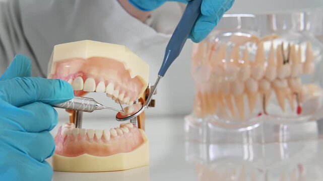 dentist wearing sterile gloves holds anatomical model of human jaw. close-up no face, making it unrecognizable. Gum inflammation, periodontal disease, stomatitis, gingivitis.