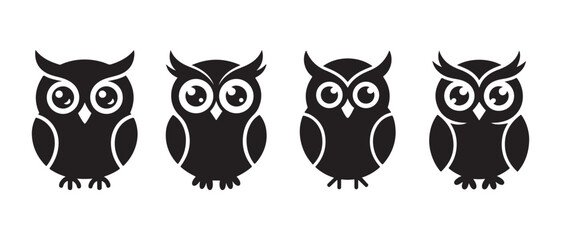 Fototapeta premium Collection of cute black owl silhouettes on a crisp white background, minimalist cartoon illustration.