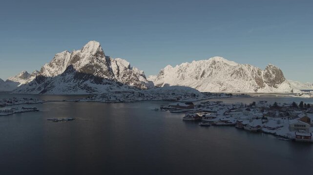 Aerial view on stunning mountains Lofoten islands, Norway during winter time.