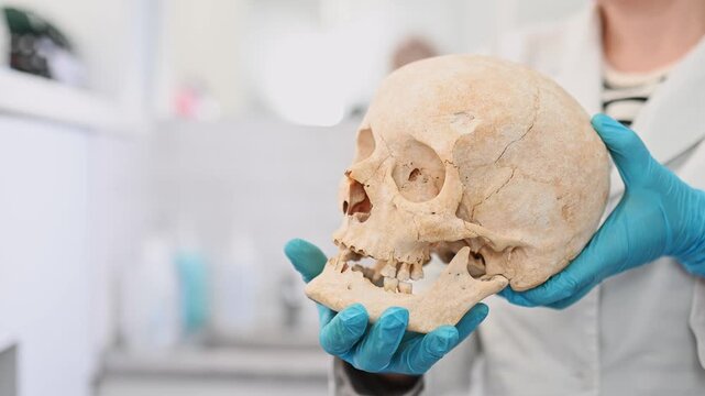 doctor holds human skull against blurred background. Archaeological excavations, symbol of death. Stomatologist showing old skull and teeth. malocclusion problems, wear of temporomandibular joint