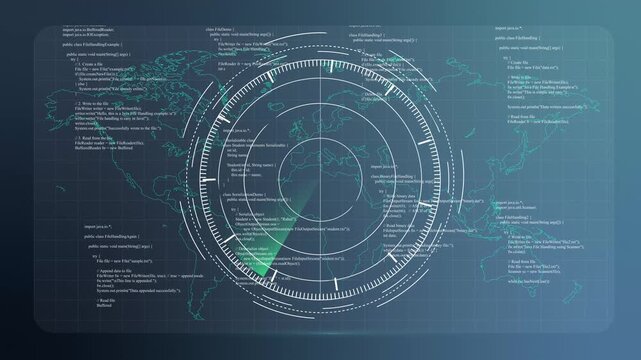 Futuristic Cyber Security Radar Interface with World Map and Data Visualization animation 4k.