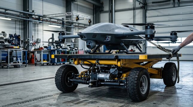 Advanced Unmanned Aerial Vehicle (UAV) with Surveillance Capabilities on Mobile Transport in Industrial Hangar