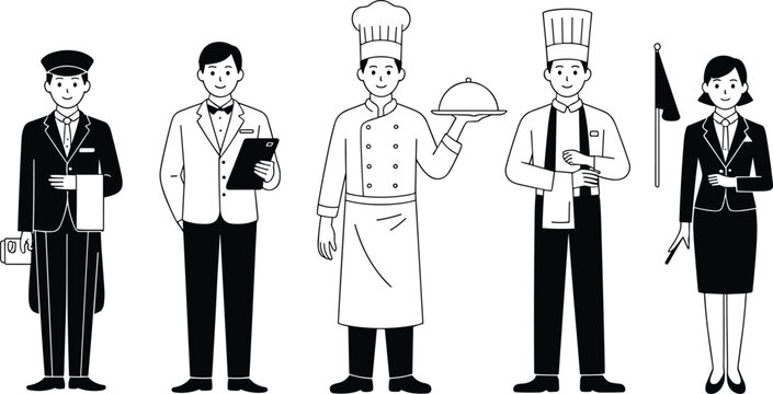 Hotel and restaurant staff characters set, porter waiter chef and hostess hospitality service workers vector illustration isolated on white