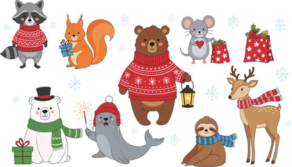 Fototapeta premium A collection of cute winter animals wearing festive holiday clothing and holding christmas gifts isolated on white background, Vector