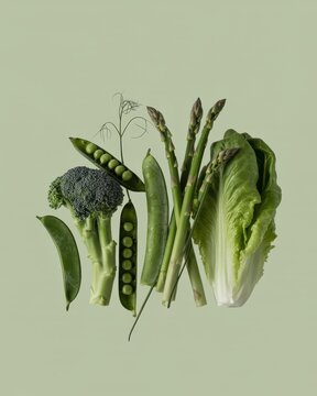 Green vegetables on green background broccoli peas asparagus lettuce