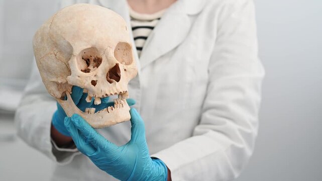 doctor holds human skull against blurred background. Archaeological excavations, symbol of death. Stomatologist showing old skull and teeth. malocclusion problems, wear of temporomandibular joint