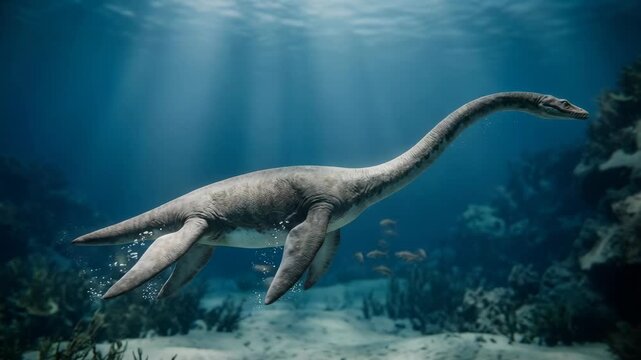 Large plesiosaur prehistoric aquatic reptile swimming in deep blue ocean water with sun rays