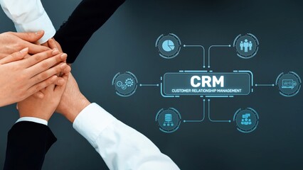 A visual representation of teamwork in Customer Relationship Management with hands joined together,...