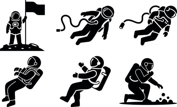 Collection of astronauts in various spacewalk poses and activities illustration set
