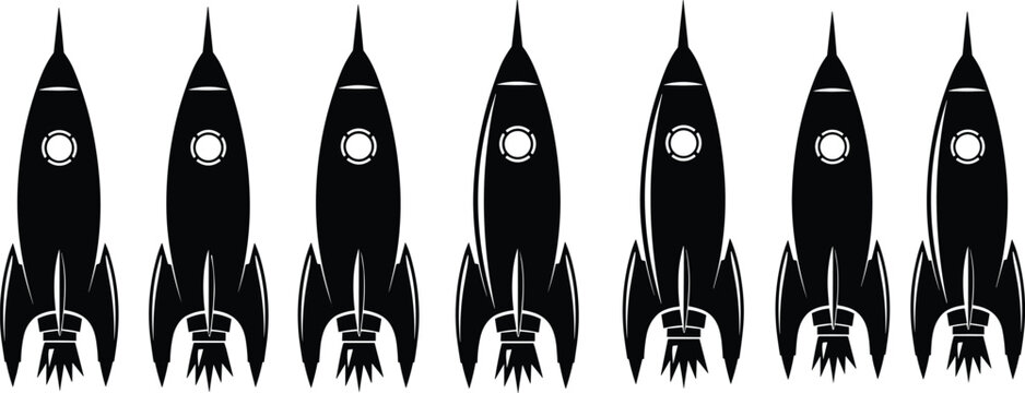 Retro rocket ship silhouettes set, vintage space rockets launching concept, science fiction spacecraft collection isolated on white background illustration